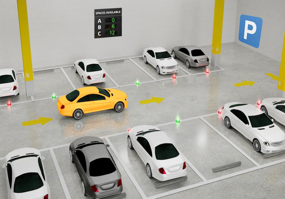 Smart Parking lot Guidance System with In-Ground Indicators, Intelligent sensors assist control/monitor, Efficient management, 3D Rendering